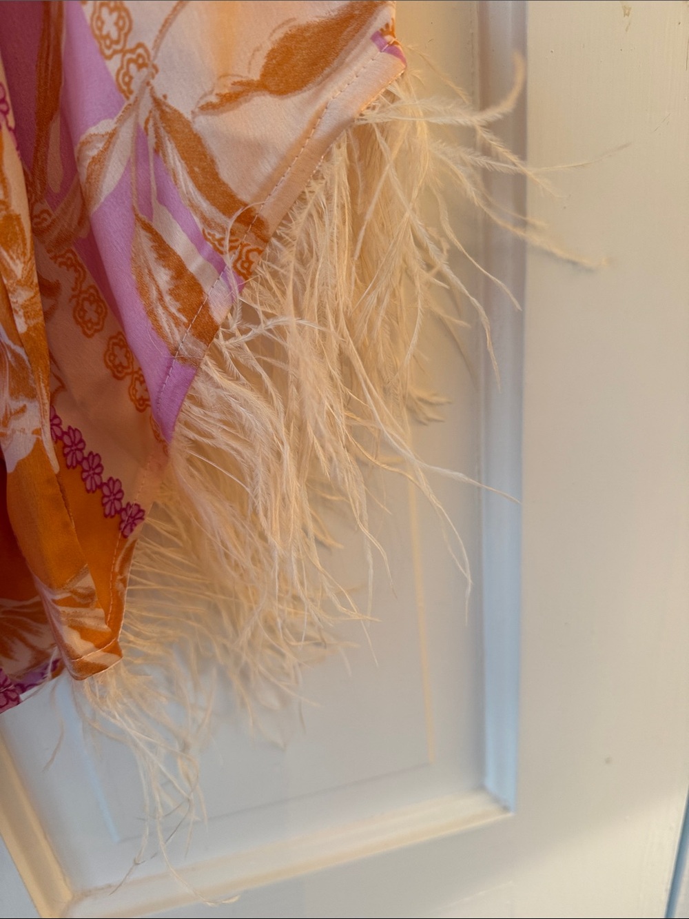 Vici Pink and Lavender Floral Wrap Romper with Feather Trim - Picture 4 of 8